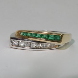 Bague 2 rangs en Or avec Diamants et Emeraudes